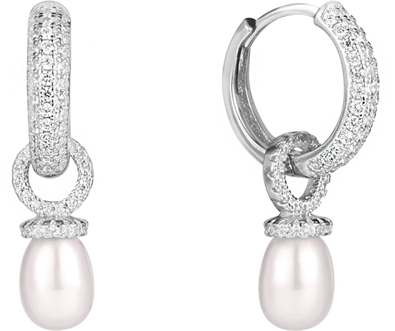 JwL Luxury Pearls Strieborné multifunkčný náušnice krúžky s pravou perlou a zirkónmi 2v1 JL0592