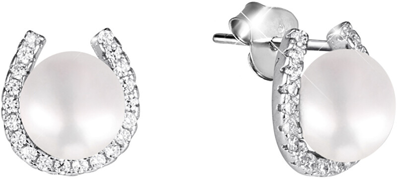 JwL Luxury Pearls Strieborné náušnice podkova s pravou perlou a zirkónmi JL0585