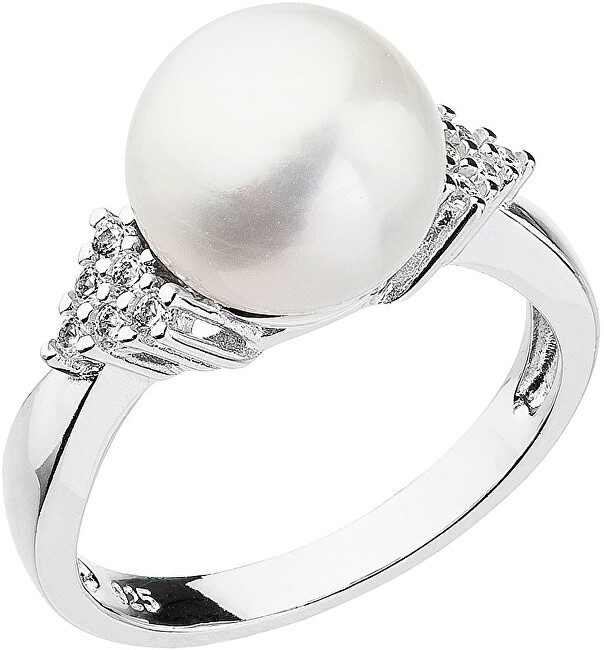 Evolution Group Strieborný prsteň s bielou riečnou perlou a zirkónmi 25002.1 52 mm
