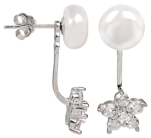 JwL Luxury Pearls Strieborné dvojnáušnice s pravou bielou perlou a zirkónovou kytičkou JL0281